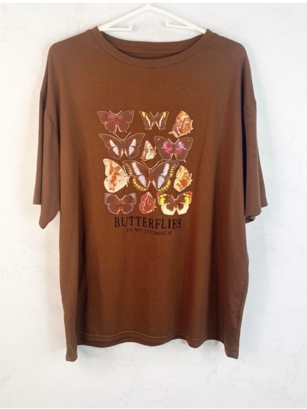 SHEIN Brown Short Sleeve Tee with Butterfly Motif